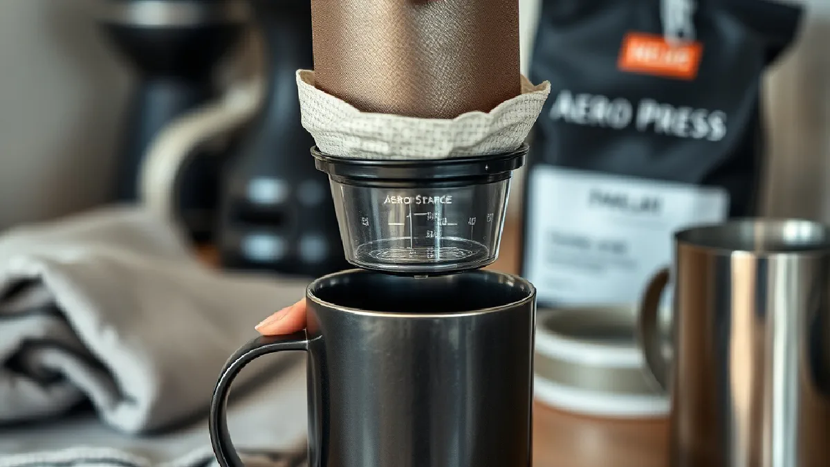 An AeroPress being pressed by hand into a mug on a kitchen counter