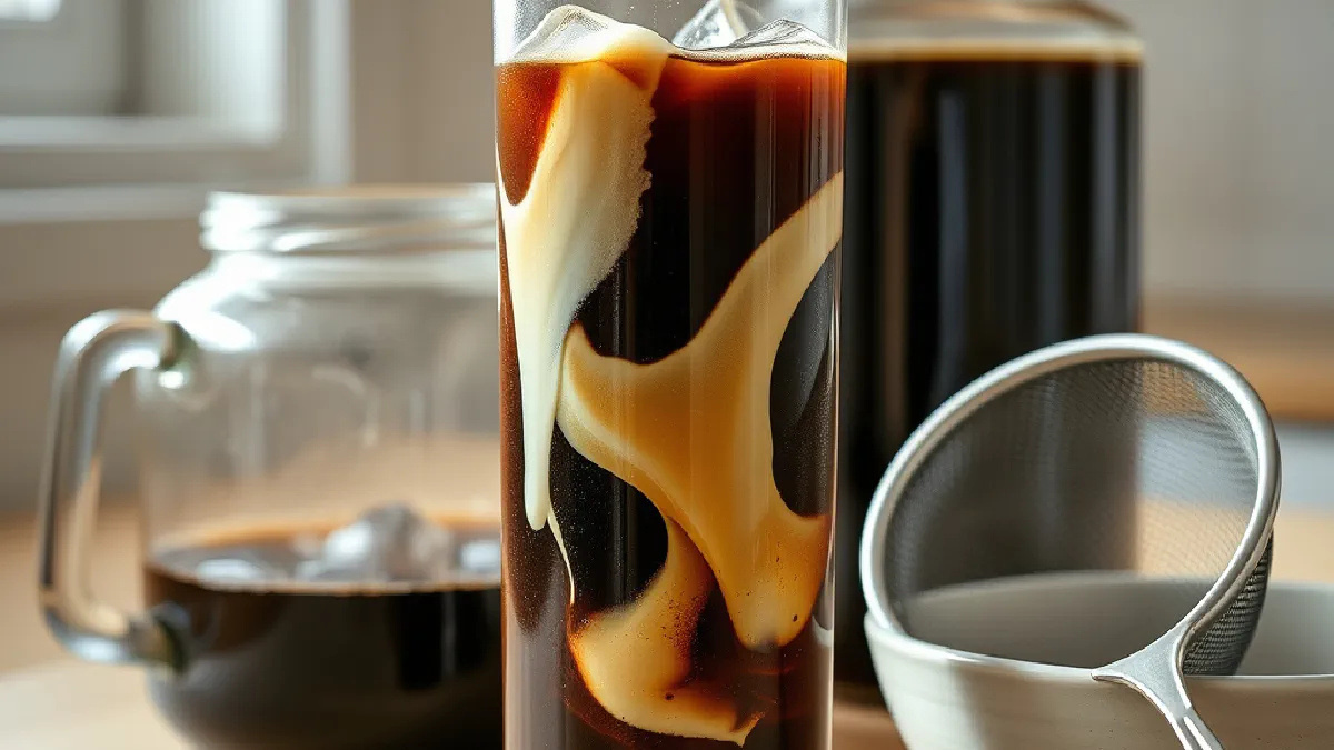 A glass of cold brew over ice with milk swirling in, next to a jar of dark coffee concentrate