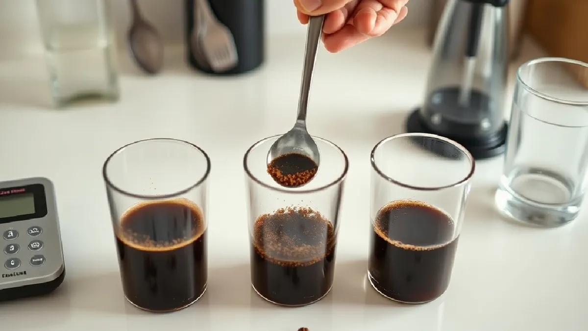 Three glass cups of coffee with a floating crust of grounds, a spoon breaking one crust, on a kitchen counter