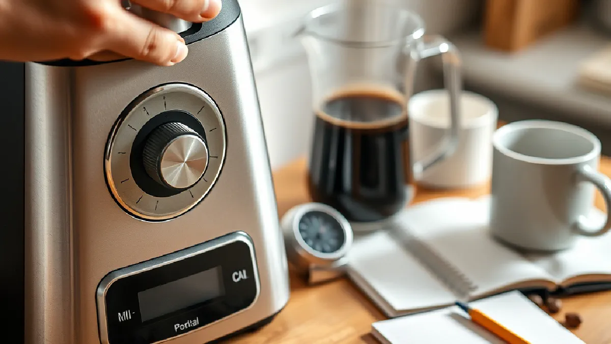 A hand adjusting the grind setting on a burr grinder next to a scale, a timer and a cup of coffee