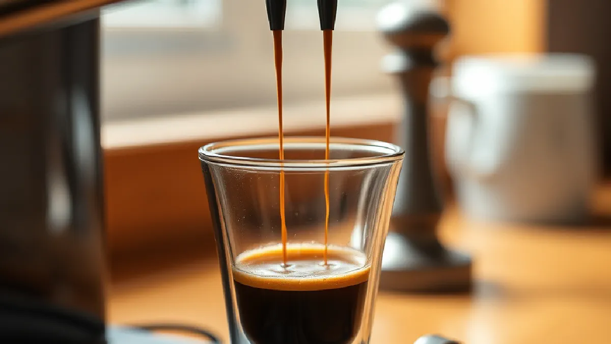 A double espresso pouring from a portafilter into a small glass cup on a home espresso machine