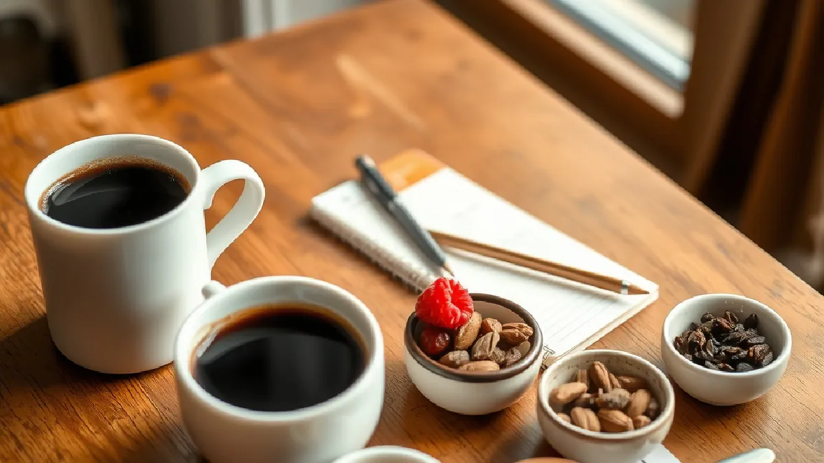 Two cups of black coffee on a wooden table beside small bowls of berries, lemon peel, cocoa nibs and almonds