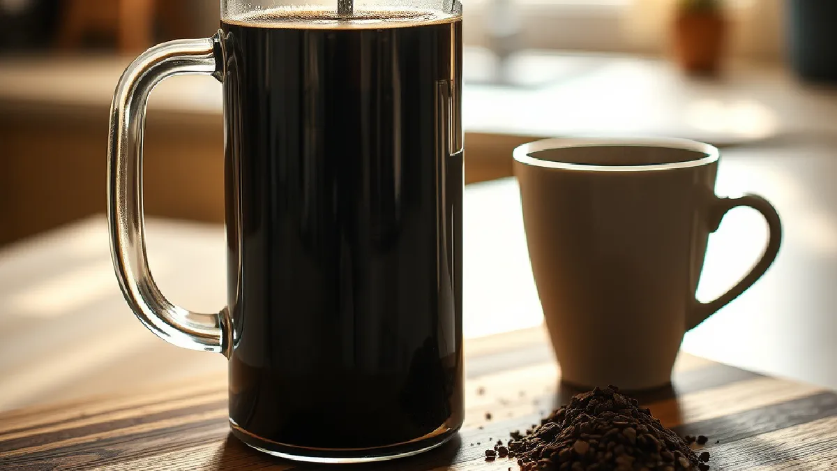 A glass French press of steeping coffee with a cup and coarse ground coffee on a wooden table