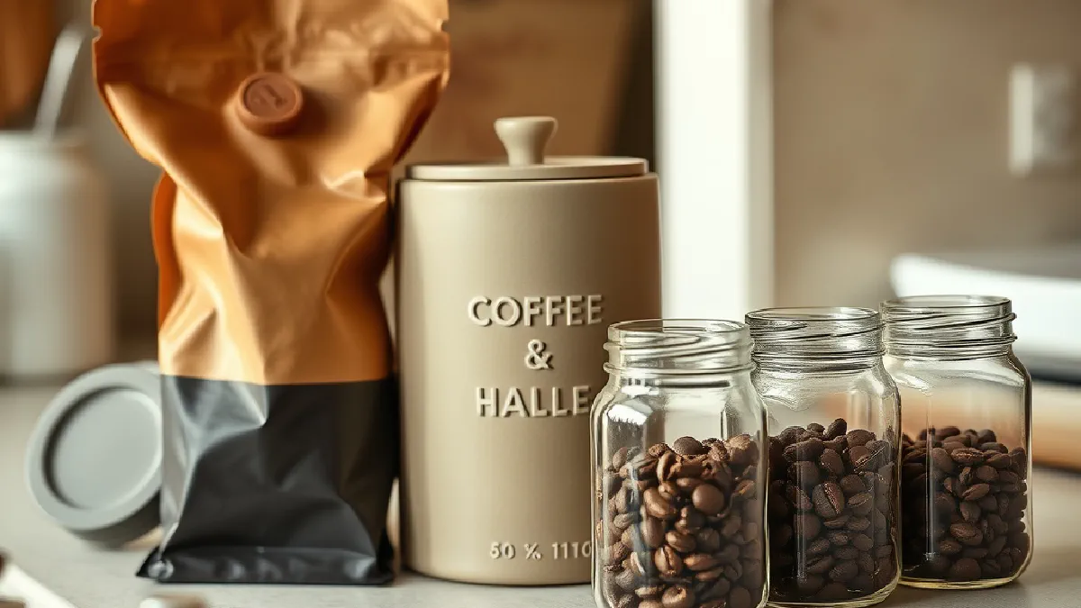 A bag of coffee with a one-way valve, an airtight canister and small jars of beans for the freezer on a kitchen counter