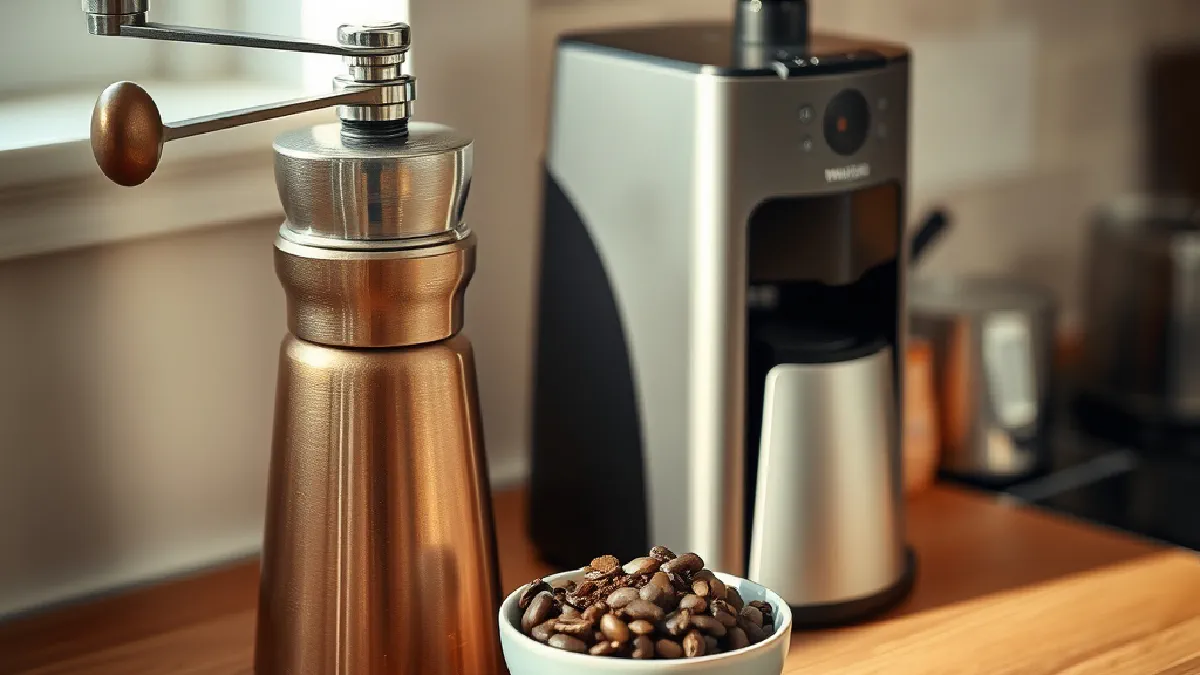 A hand burr grinder and a small electric burr grinder on a wooden counter beside a bowl of roasted coffee beans