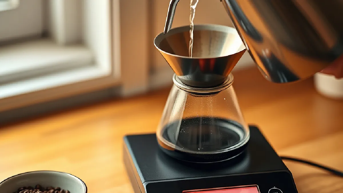 A gooseneck kettle pouring water into a dripper that sits on a small digital coffee scale on a kitchen counter