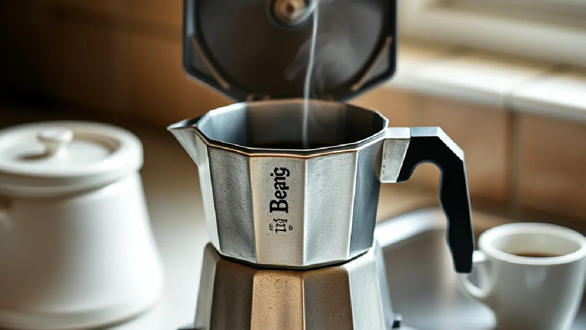 An eight-sided aluminum moka pot on a gas burner with coffee rising from its spout