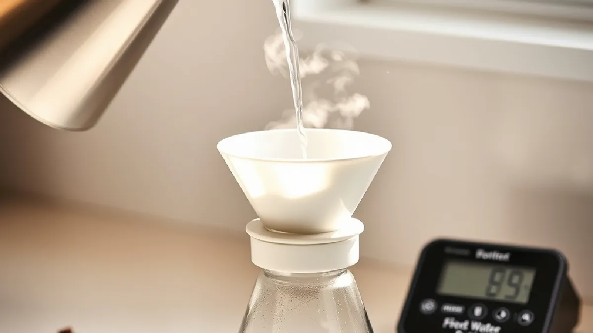 Hot water poured in a thin spiral from a gooseneck kettle into a cone dripper on a glass carafe