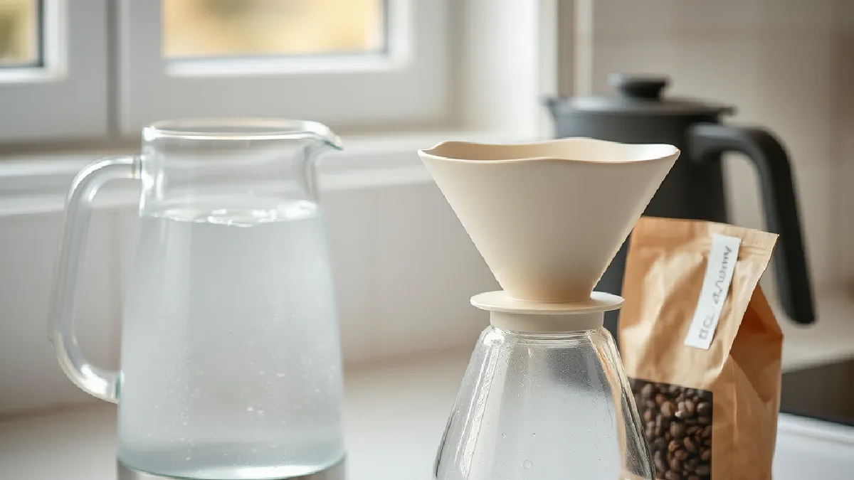 A glass pitcher of filtered water beside a kettle, a coffee dripper and a bag of beans on a bright kitchen counter