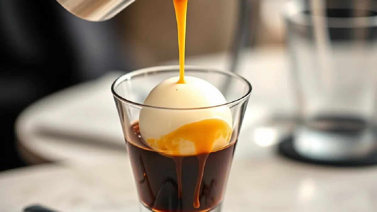 Hot espresso being poured from a small pitcher over a scoop of vanilla gelato in a glass