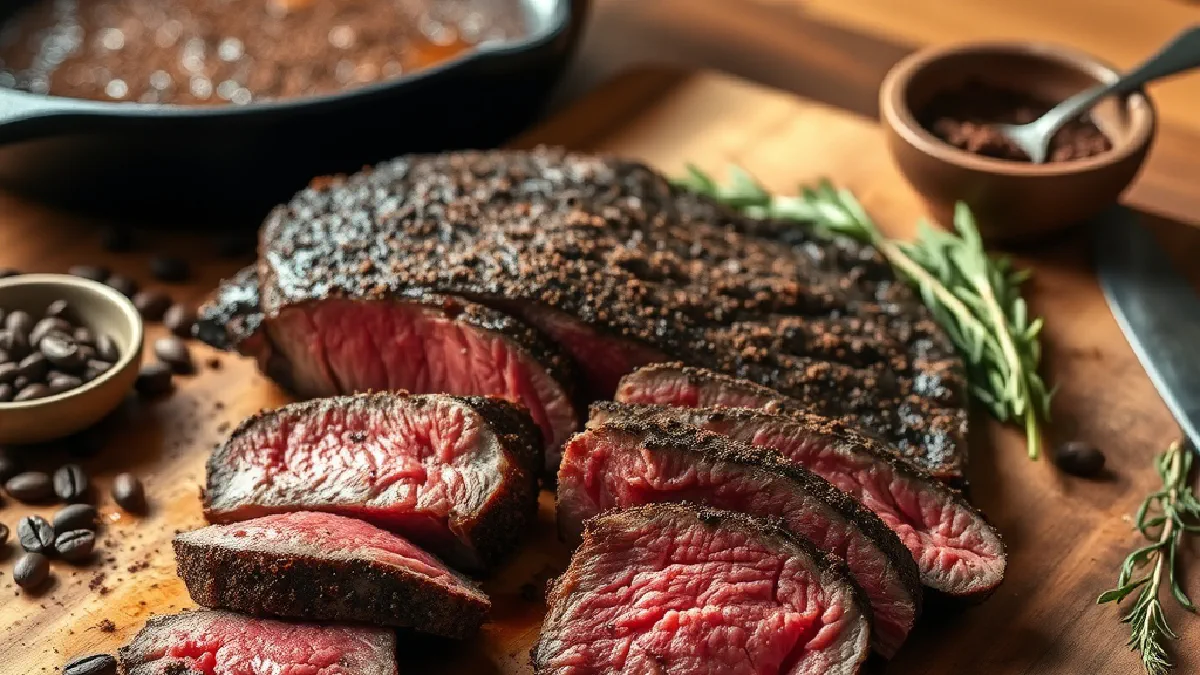 A sliced coffee-crusted steak with a pink center on a cutting board beside a cast-iron pan and a bowl of spice rub
