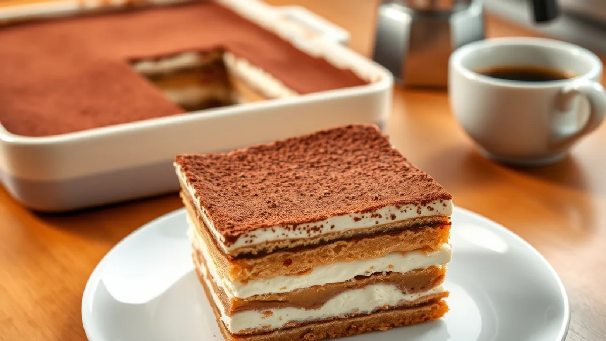 A square of tiramisu on a plate showing layers of coffee-soaked ladyfingers and mascarpone cream under cocoa