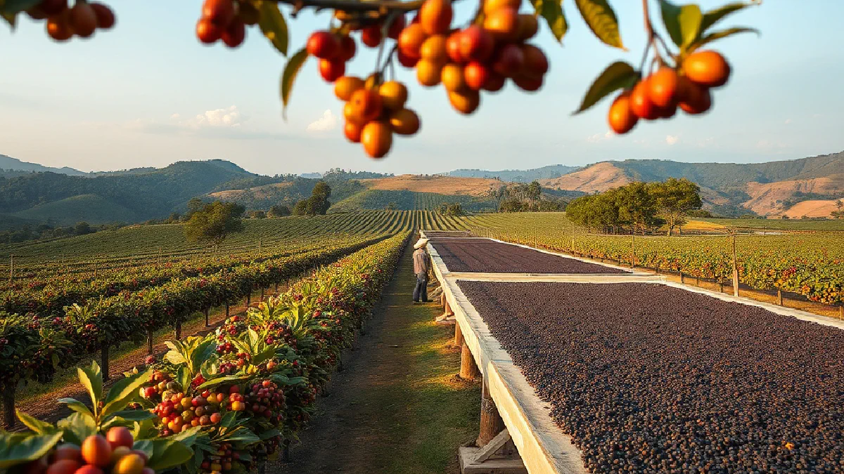 Long rows of coffee trees on gently rolling farmland in Minas Gerais, Brazil, under a wide sky