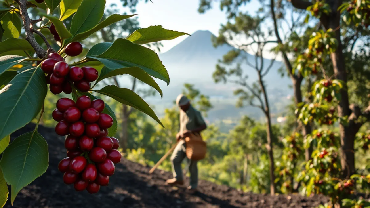 Shaded coffee trees on a volcanic slope in Central America with a volcano rising behind