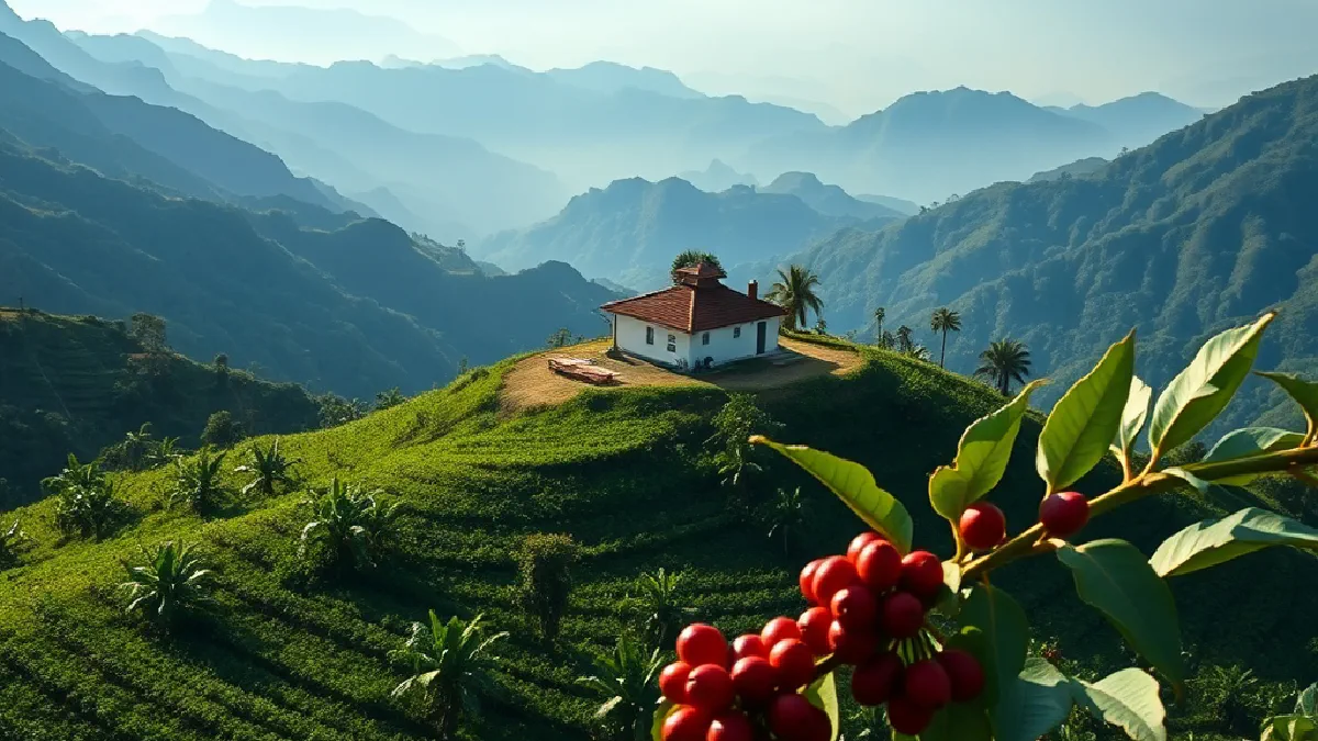 Steep green Andean hillside planted with coffee trees and a small farmhouse in Colombia
