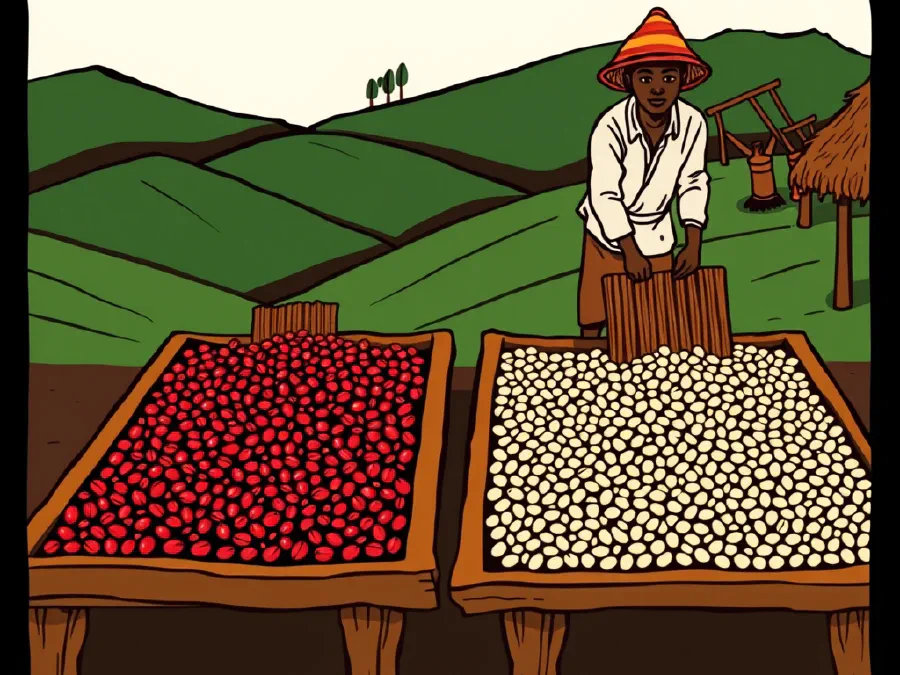 Coffee cherries drying on raised beds beside parchment beans at a washing station