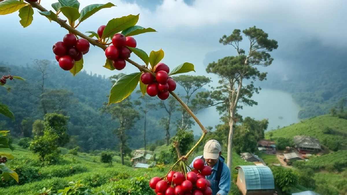 Coffee trees on a misty hillside above a highland lake in Aceh, Sumatra