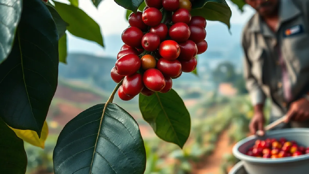 Ripe red coffee cherries on a tree with the green slopes of Mount Kenya behind