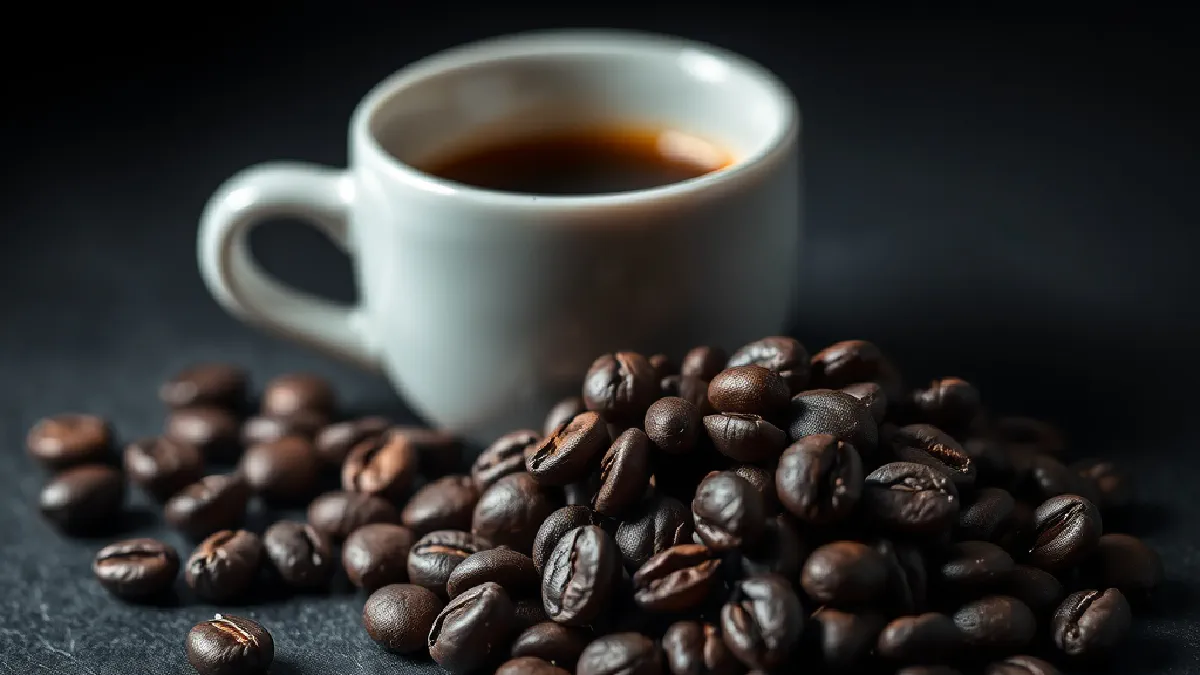Shiny, oily dark roasted coffee beans with a small espresso cup