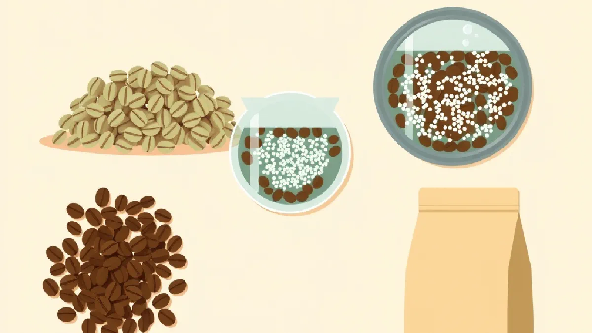 Flat illustration of green coffee beans soaking in water, caffeine caught in a filter, then roasted beans and a bag