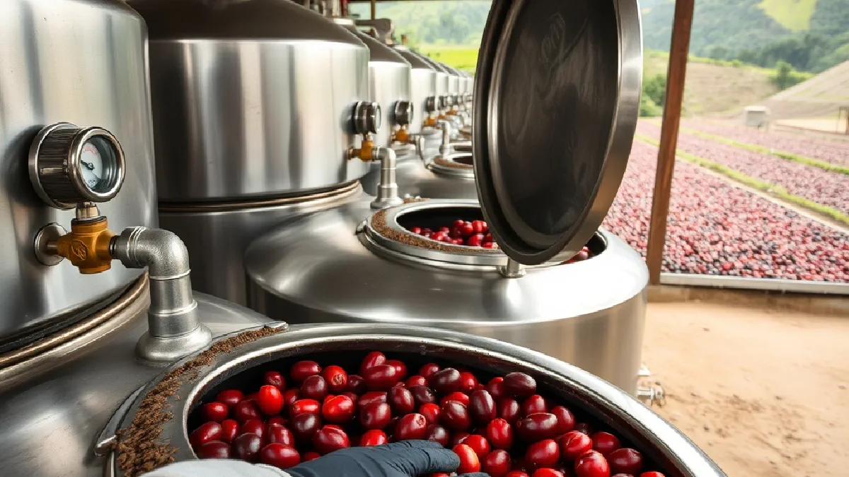 Sealed stainless steel fermentation tanks filled with red coffee cherries at a coffee farm