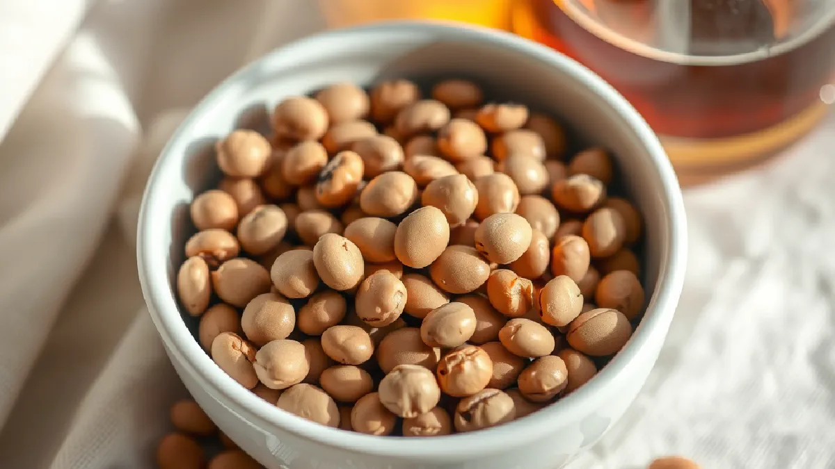 Light brown roasted coffee beans with a dry matte surface in a ceramic bowl