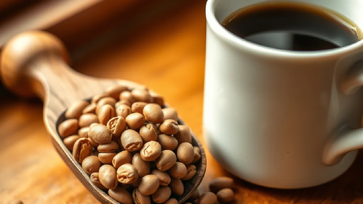 Medium brown roasted coffee beans beside a cup of black coffee on a wooden table