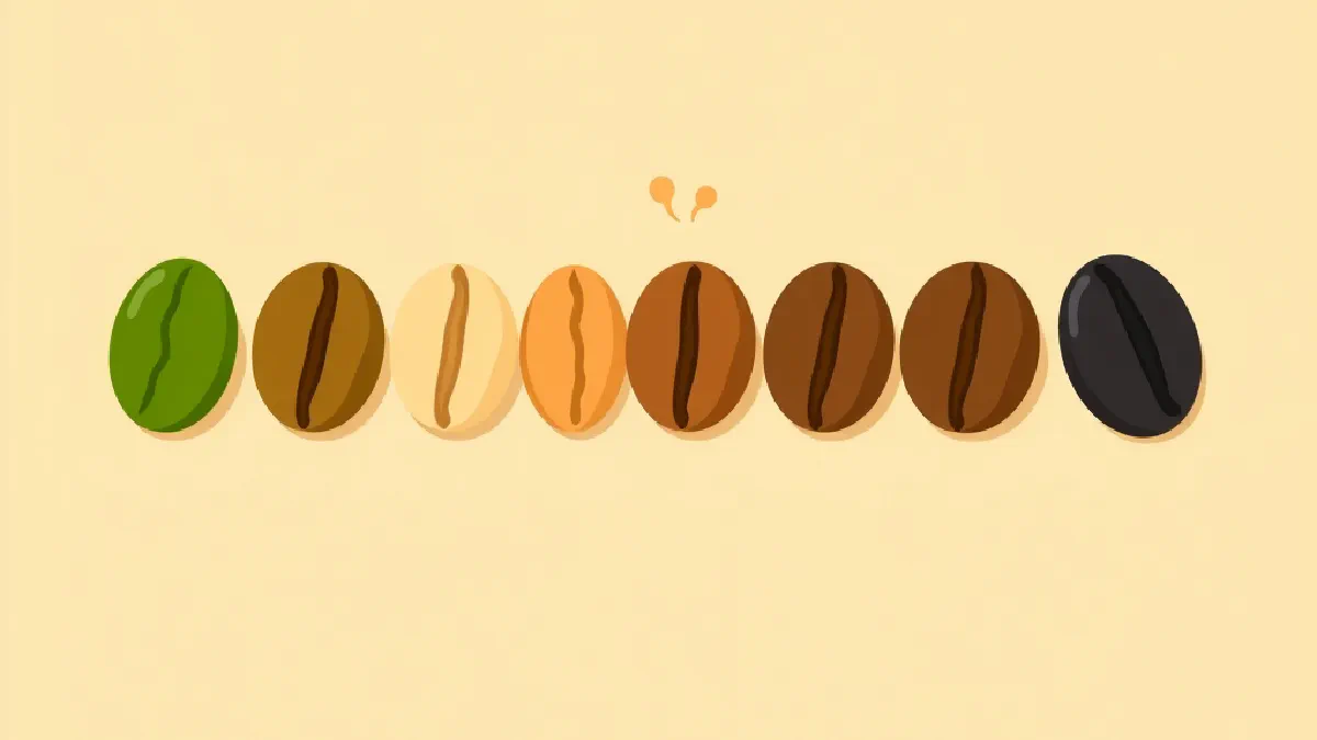 Green coffee beans turning yellow, tan, brown and almost black across a roasting sequence