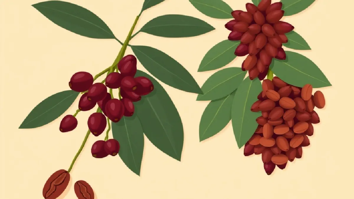 An arabica branch with oval beans beside a robusta branch with rounder beans, illustrated side by side