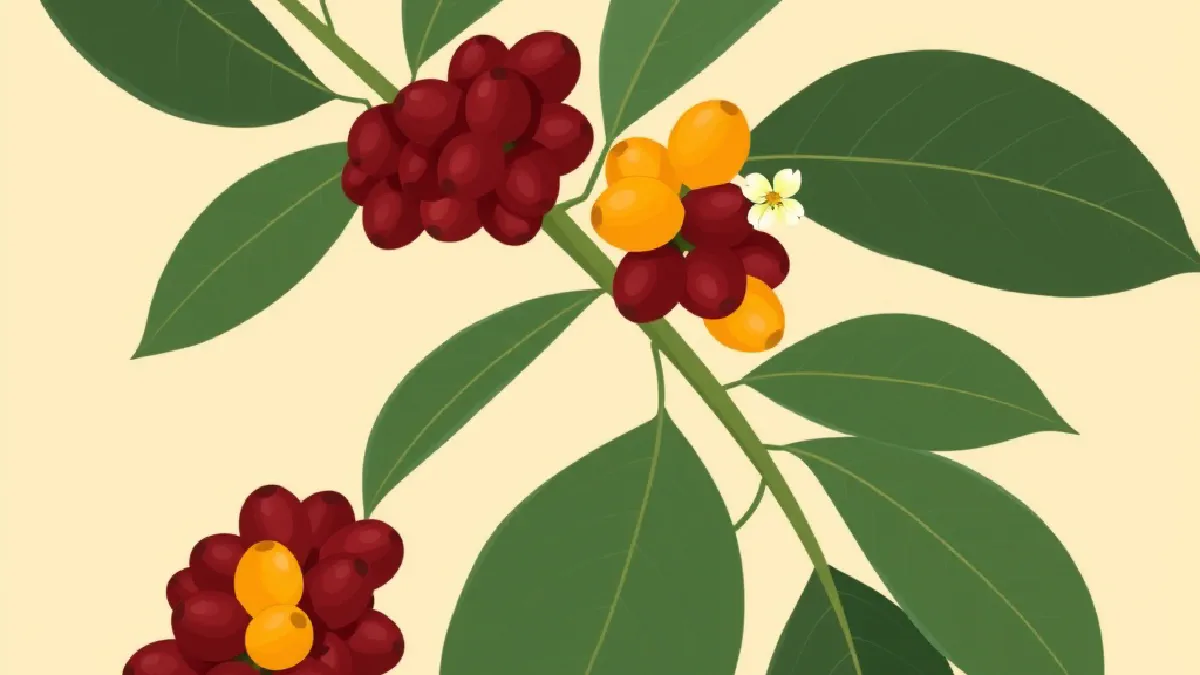 A Bourbon coffee branch with broad green leaves and clusters of red and yellow cherries