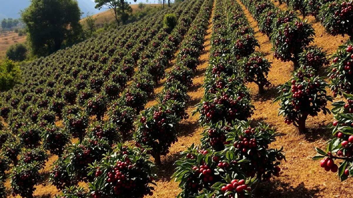Rows of short, compact Caturra coffee trees heavy with red cherries on a sunny Central American hillside