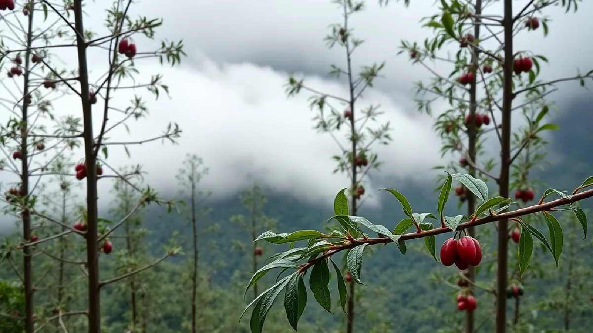 Tall, airy Gesha coffee trees with long leaves and red cherries on a misty mountain slope in Panama
