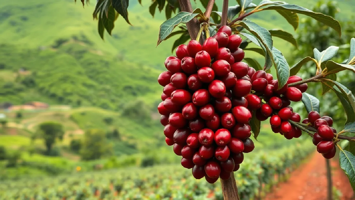 Tall SL28 coffee trees with ripe red cherries on a smallholder farm in the green Kenyan highlands