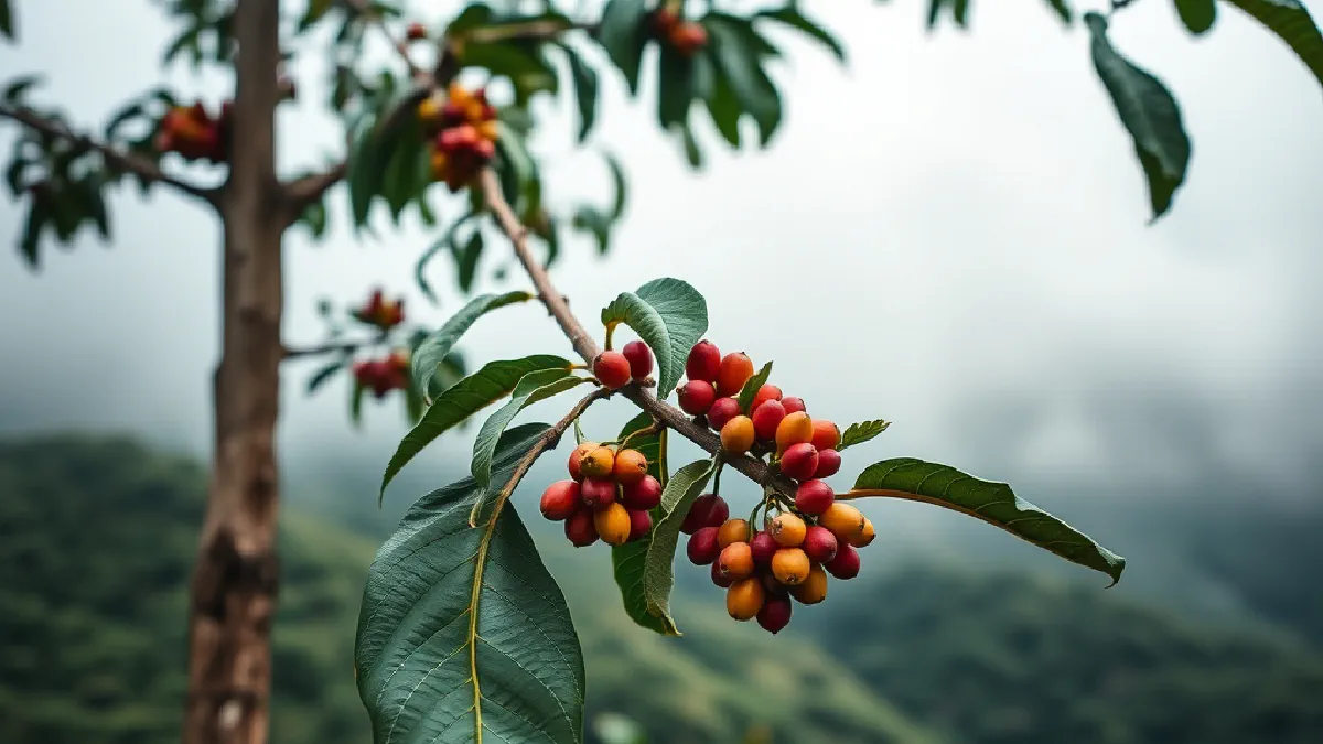 A tall Typica coffee tree with long, sloping branches and red cherries on a misty hillside