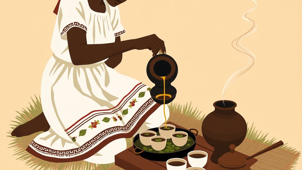 Ethiopian coffee ceremony: coffee poured from a clay jebena into small cups beside roasting beans and incense