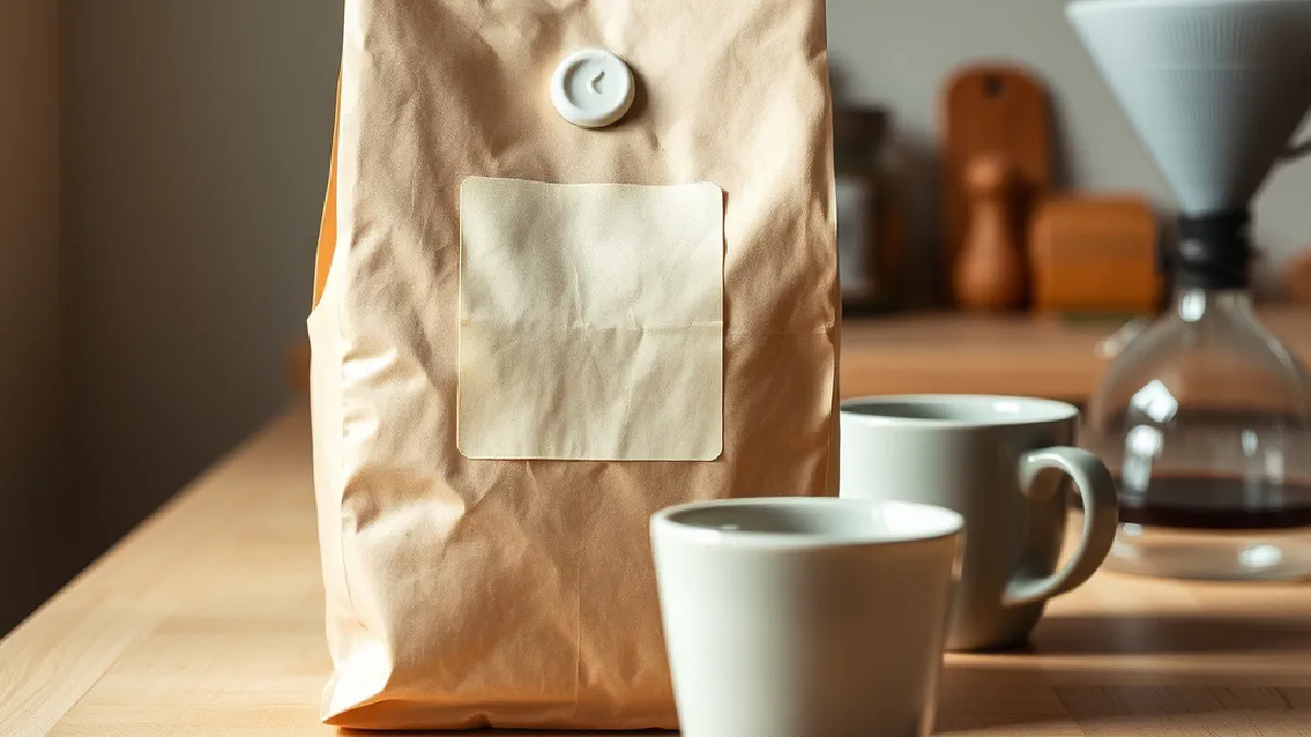 A kraft paper bag of specialty coffee with a printed label, beside whole beans on a wooden counter